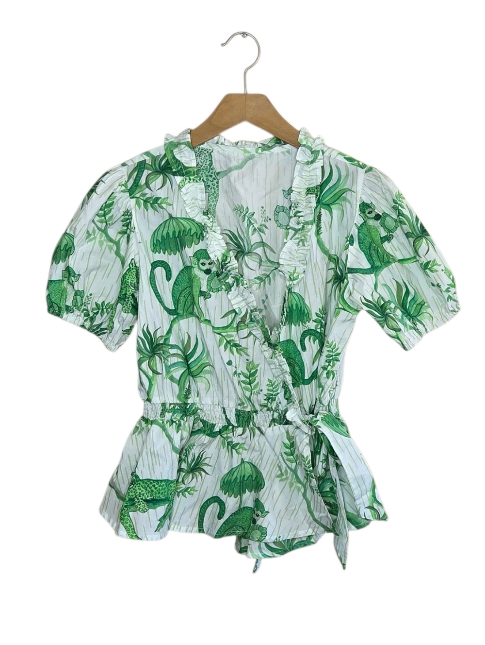 Green White Monkey Jungle Print Short Sleeve Wrap Side Tie Top Ruffled Trim